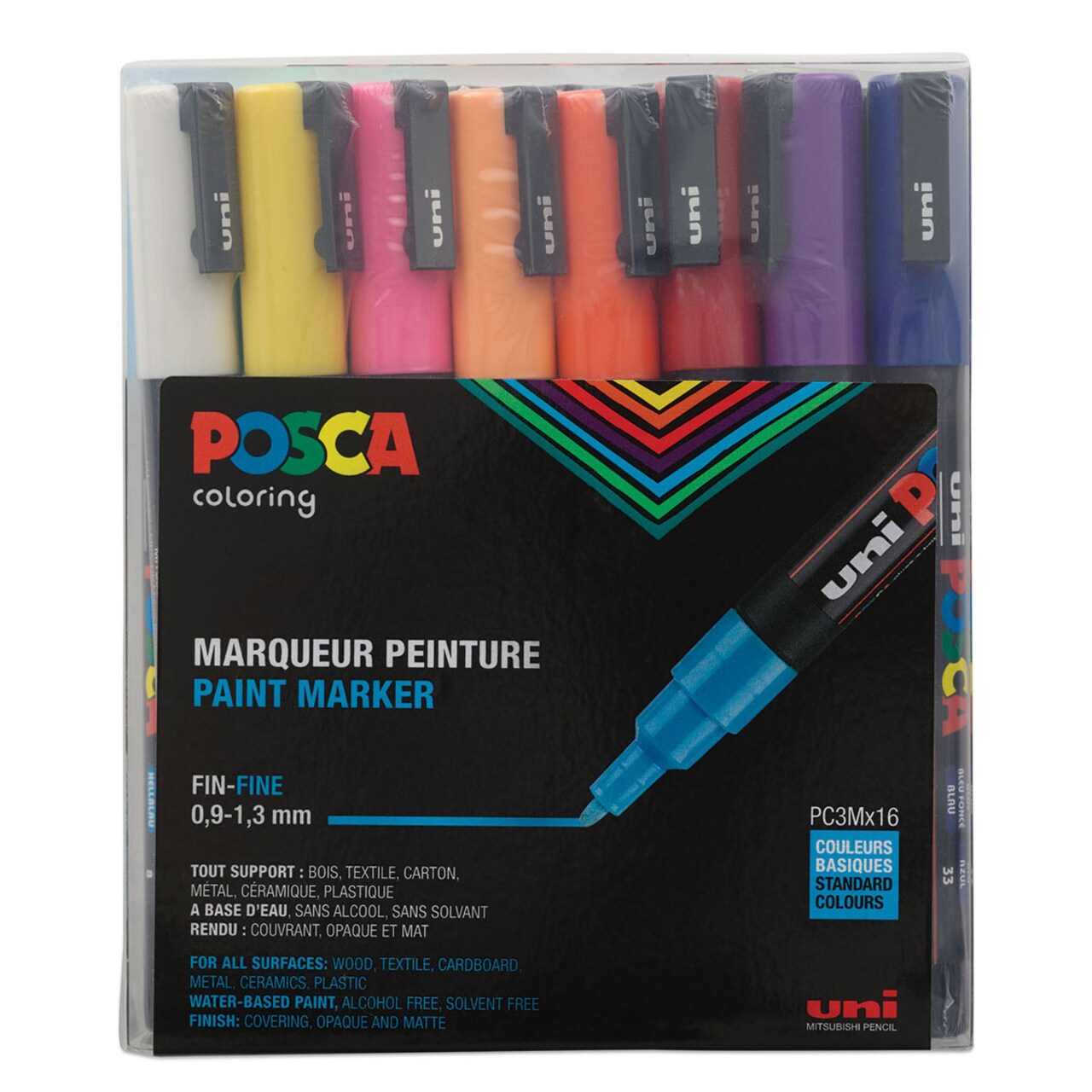Posca Paint Markers - Set of 16, Assorted Colors, Fine Bullet Tip, 0.9 mm to 1.3 mm